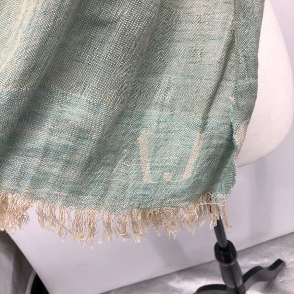 AJ Armani Jeans Unisex Sage Green & Cream Color Block Scarf with Tassels - Picture 12 of 13